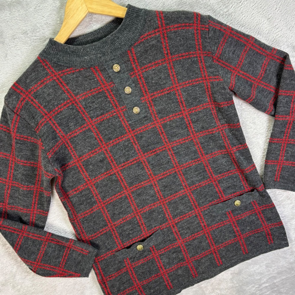 Vtg Adolfo Women's S Gray Wool Blend Sweater Red Plaid Gold Button Mod 60s Style